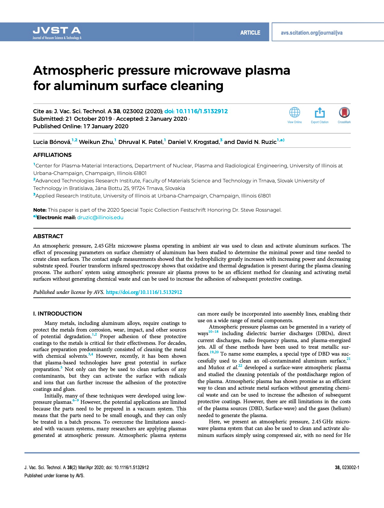 Impact Report Atmospheric pressure microwave plasma for aluminum surface cleaning
